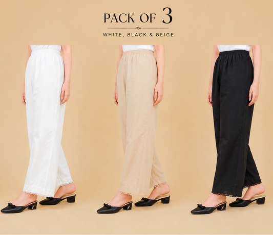 Pack of 3 soft cotton Palazzo White Black Beige for Women – Premium Pakistani Loose Pants | Comfortable Summer Ethnic Wear