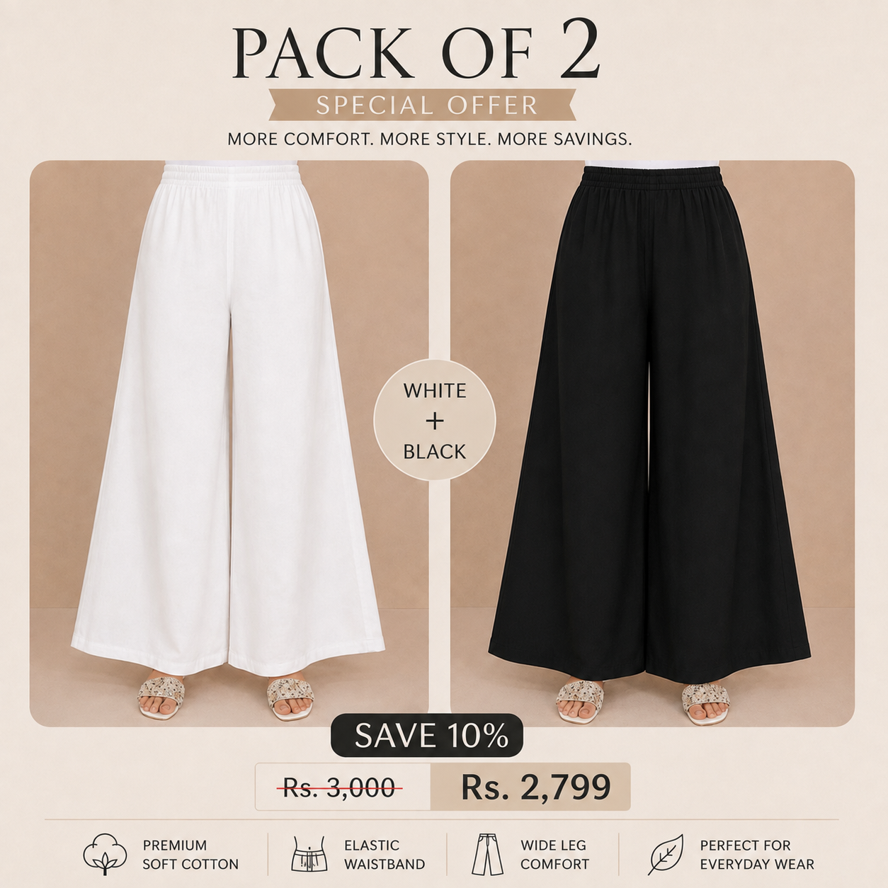 Pack of 2 white and Black Soft Cotton Extra wide Flair Women Palazzo Pants Pakistan | Comfortable Summer Trouser for Ladies
