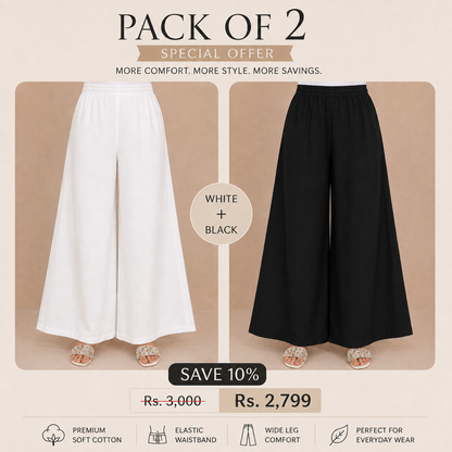 Pack of 2 white Black Beige Soft Cotton Extra wide Flair Women Palazzo Pants Pakistan | Comfortable Summer Trouser for Ladies